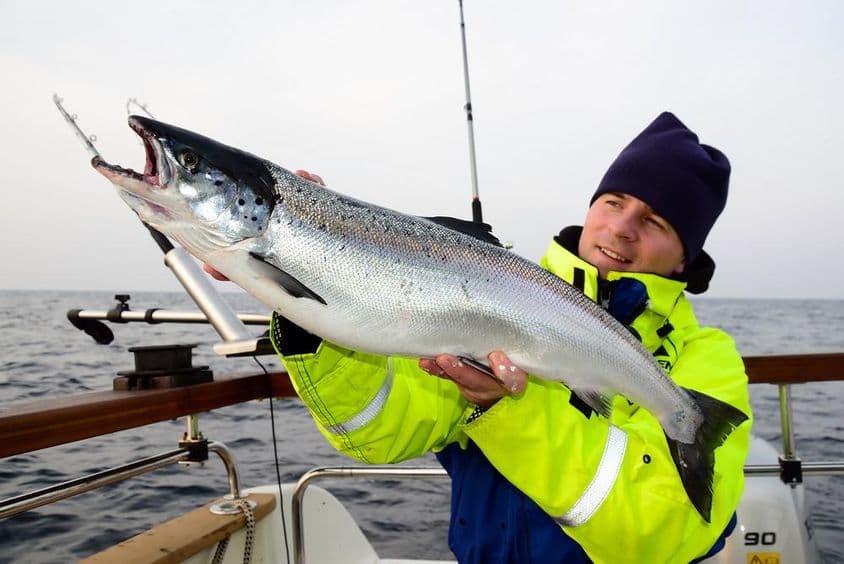 Pesca no mar, um pescador exibindo orgulhosamente uma grande captura em um barco.