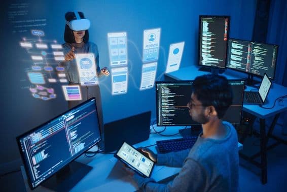 Um desenvolvedor de aplicativos sentado em frente a um computador, segurando um tablet, com dois monitores exibindo código de computador.