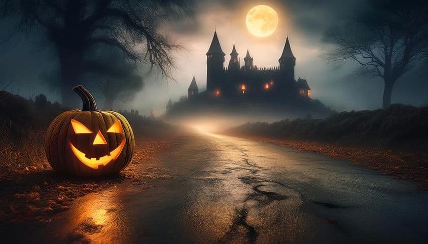 Uma noite de Halloween com uma abóbora esculpida e brilhante com um castelo assombrado ao fundo.