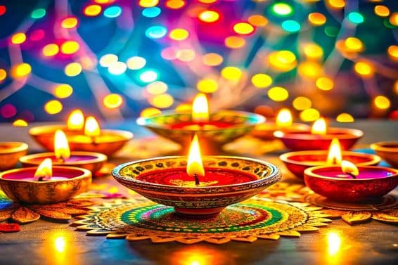 Lâmpadas festivas de Diwali em uma mesa.