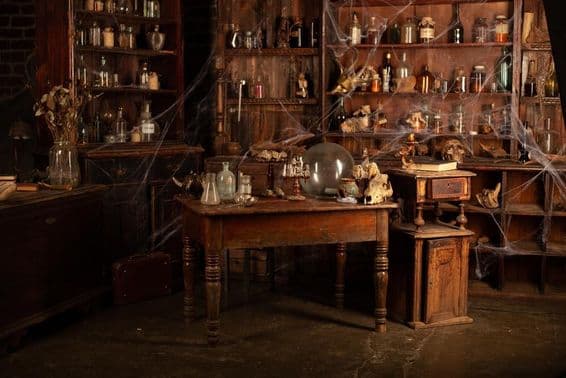 Um canto de sala assustadora com teias de aranha, crânios, garrafas.