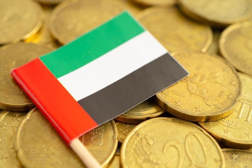 Moedas de euro com a bandeira dos EAU acima.