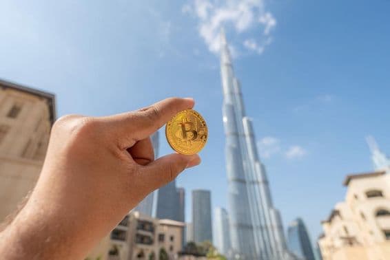 Pessoa segurando uma moeda de ouro Bitcoin, com vista para o céu, tendo o Burj Khalifa ao fundo.