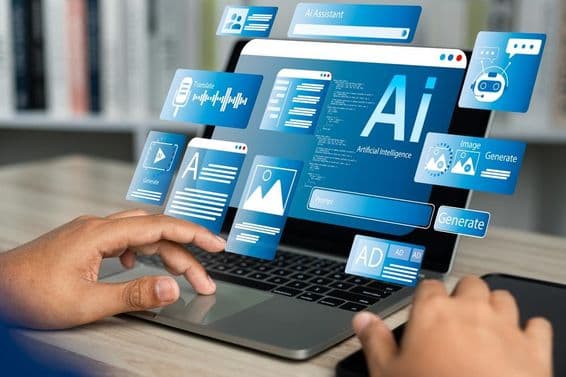 Um notebook exibindo um holograma de IA sendo operado por uma mão humana no touchpad.