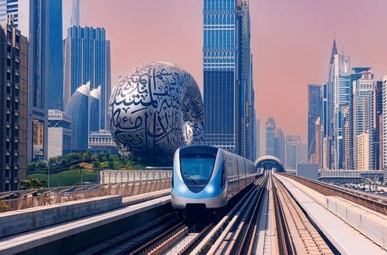 Metrô de Dubai com o Museu do Futuro e arranha-céus ao fundo.