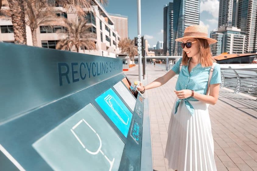 Jogando uma garrafa em uma lixeira de reciclagem em Dubai, com arranha-céus ao fundo.