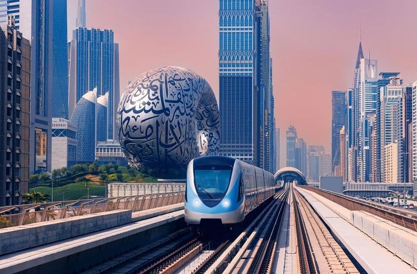 Metrô de Dubai com o Museu do Futuro ao fundo.