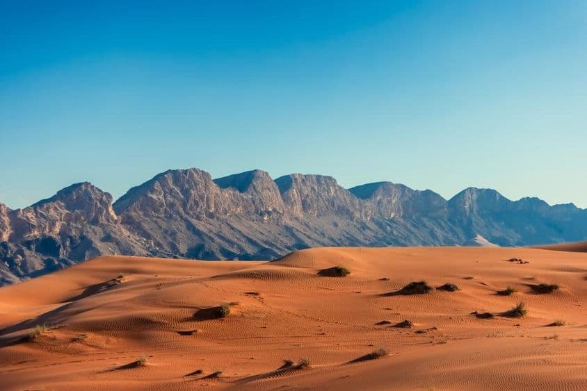 Deserto dos Emirados Árabes Unidos com montanhas ao fundo.