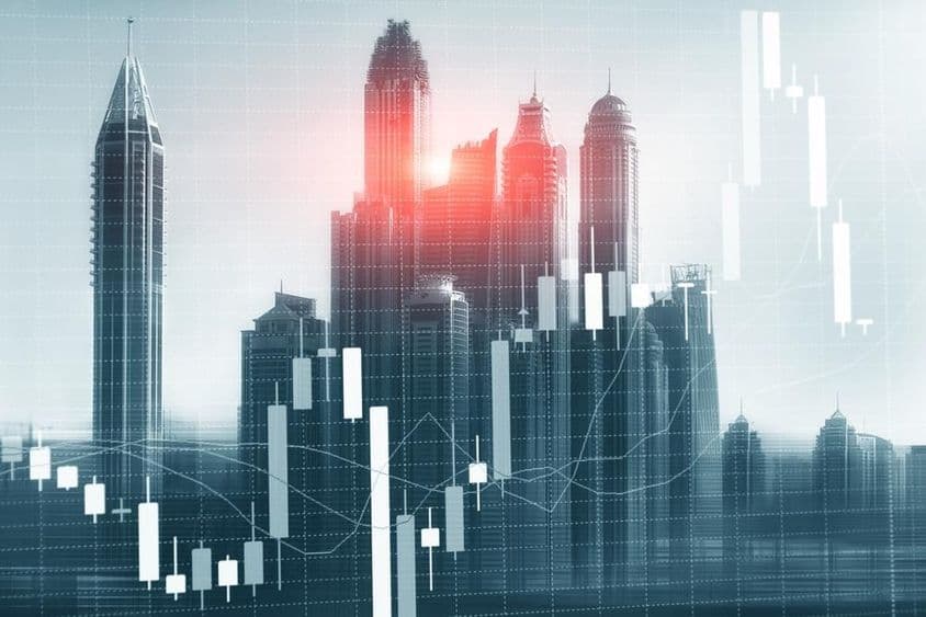 Gráfico do mercado de ações com arranha-céus de Dubai ao fundo.