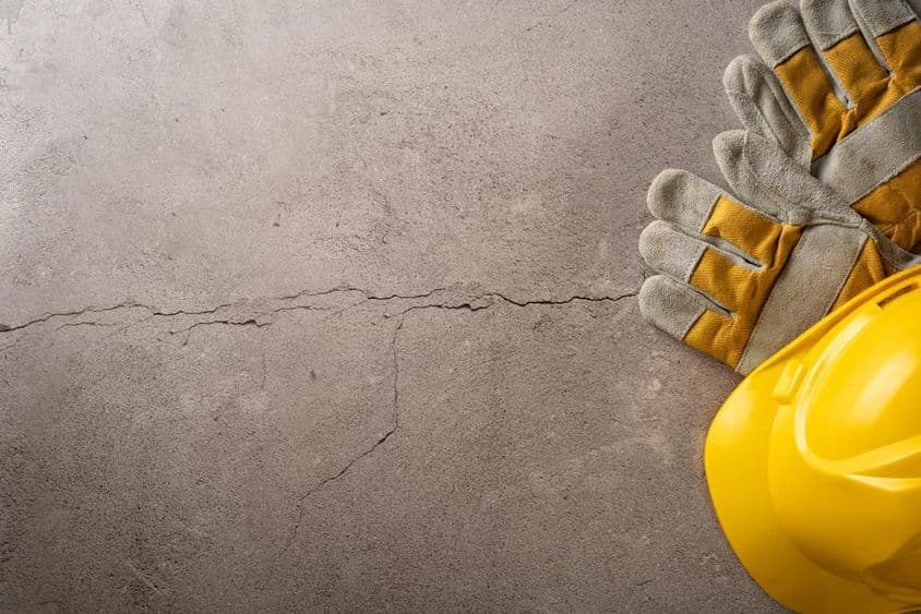 Hora do intervalo, capacete amarelo e luvas de trabalho colocados em uma superfície de concreto rachada.