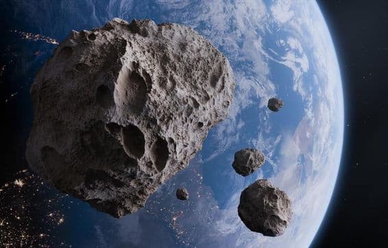 Terra azul e asteroides no espaço.