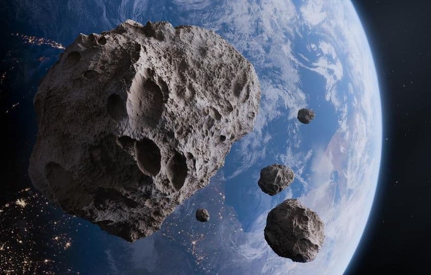 Terra azul e asteroides no espaço.