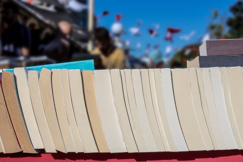 Livros antigos sendo vendidos no festival.