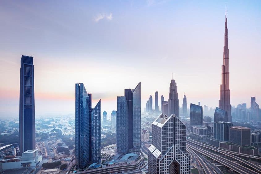 Vista aérea do centro da cidade de Dubai, Emirados Árabes Unidos.