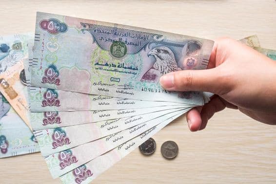 Uma garota segurando cédulas de 500 dirhams dos EAU, dinheiro em papel.