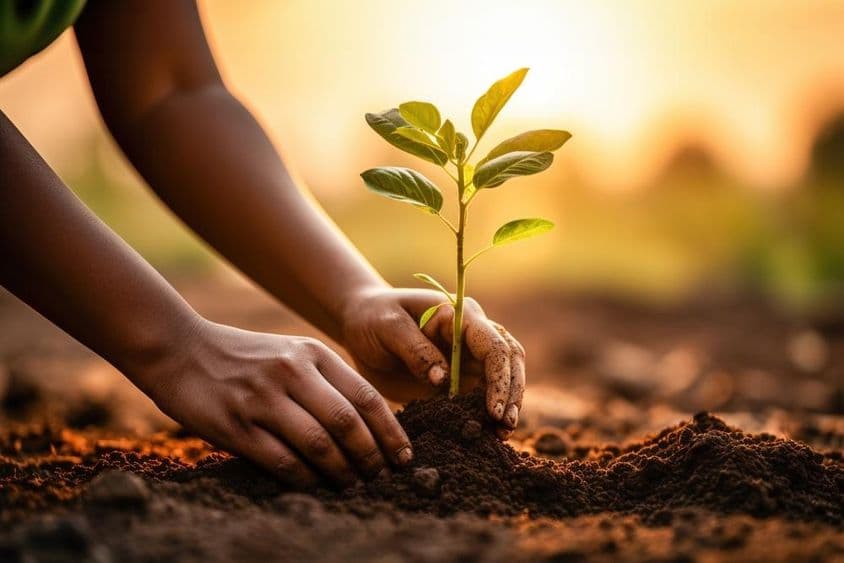 Mãos humanas plantando uma planta verde no solo.