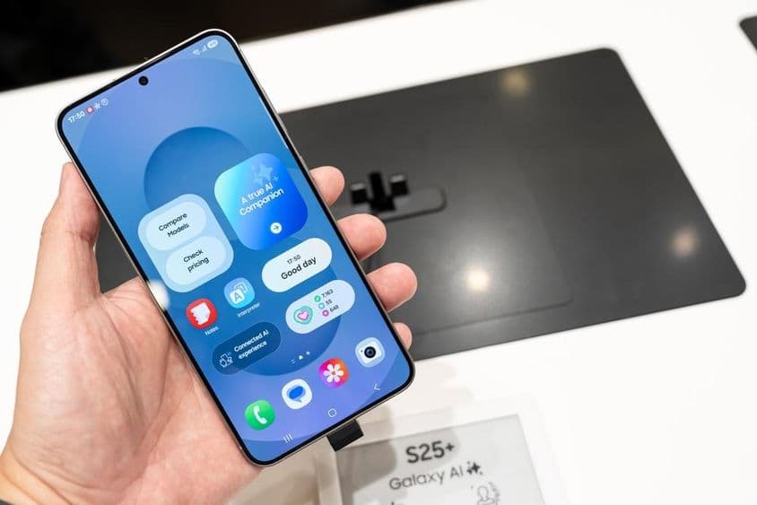 Samsung Galaxy S25+ segurado na mão na loja.