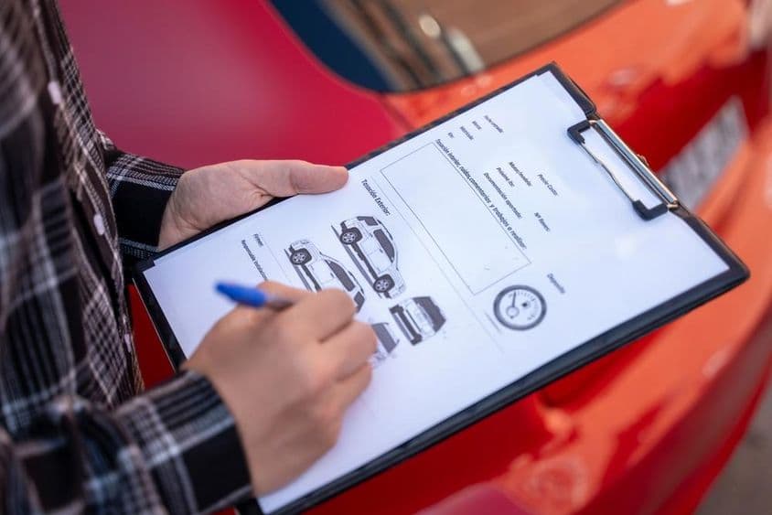 Um agente de seguros avalia danos em um carro após um acidente de trânsito, preenchendo um formulário de sinistro.