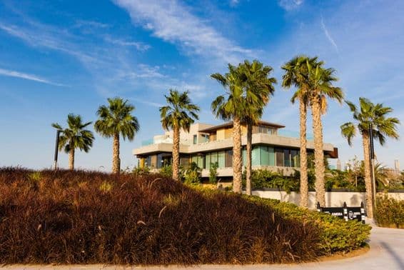 Dubai, vila cercada por palmeiras contra um céu nublado ao pôr do sol.