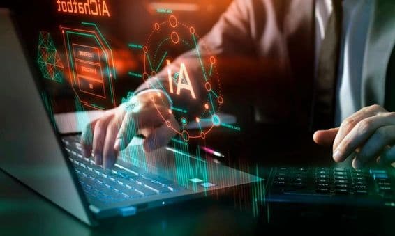 Tecnologia de IA, inteligência artificial no local de trabalho, elementos gráficos e digitais.