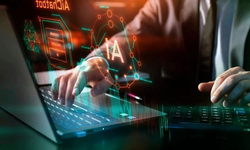 Tecnologia de IA, inteligência artificial no local de trabalho, elementos gráficos e digitais.