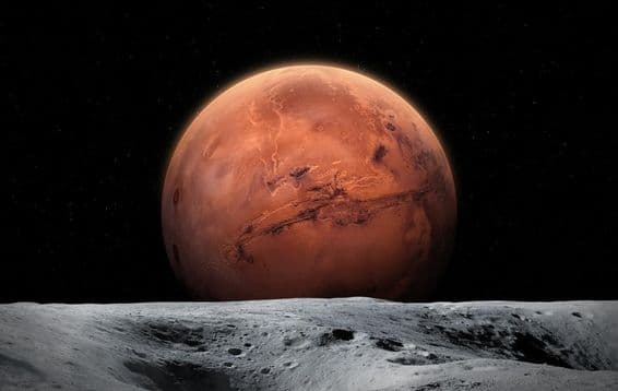Visão do planeta Marte da superfície da Lua.