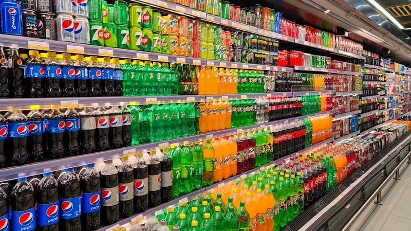 Vários refrigerantes à venda em uma prateleira de hipermercado em Dubai.
