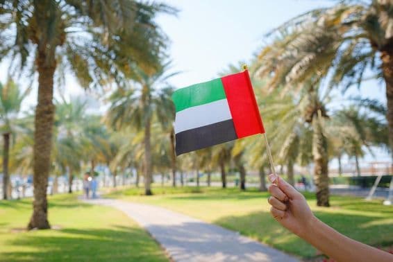 A mão de uma mulher segurando uma miniatura da bandeira dos Emirados Árabes Unidos em um parque de Abu Dhabi.