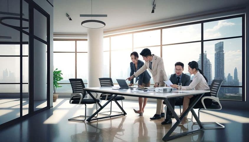 Empresários discutindo trabalho em um escritório.