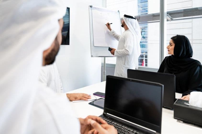 Um grupo de homens de negócios em trajes tradicionais emiradenses em uma reunião em um escritório em Dubai.