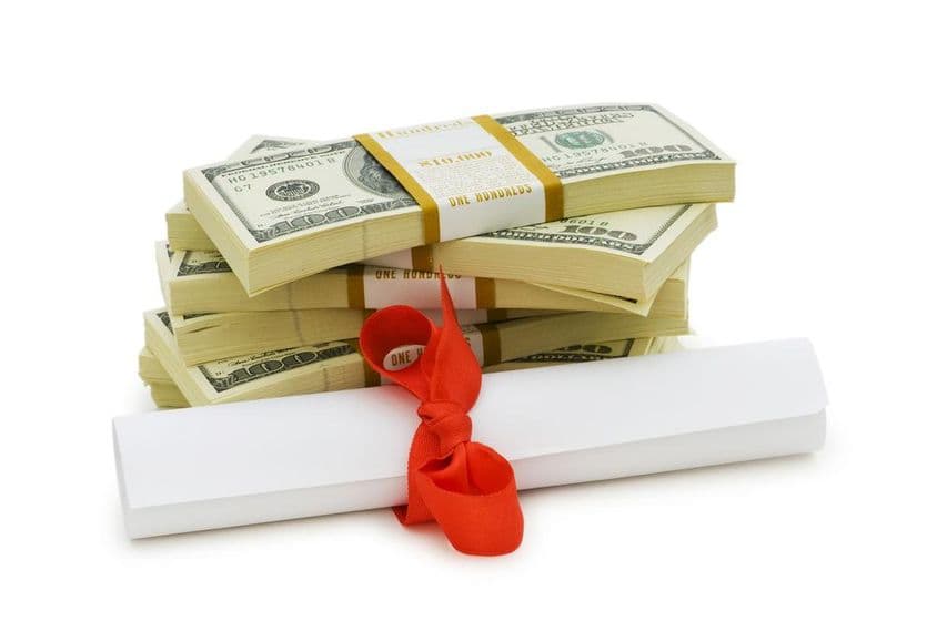 Educação cara, notas de dólar e diploma.