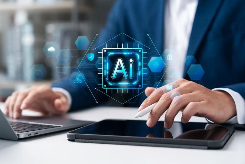 Analisando dados em um laptop com Inteligência Artificial.