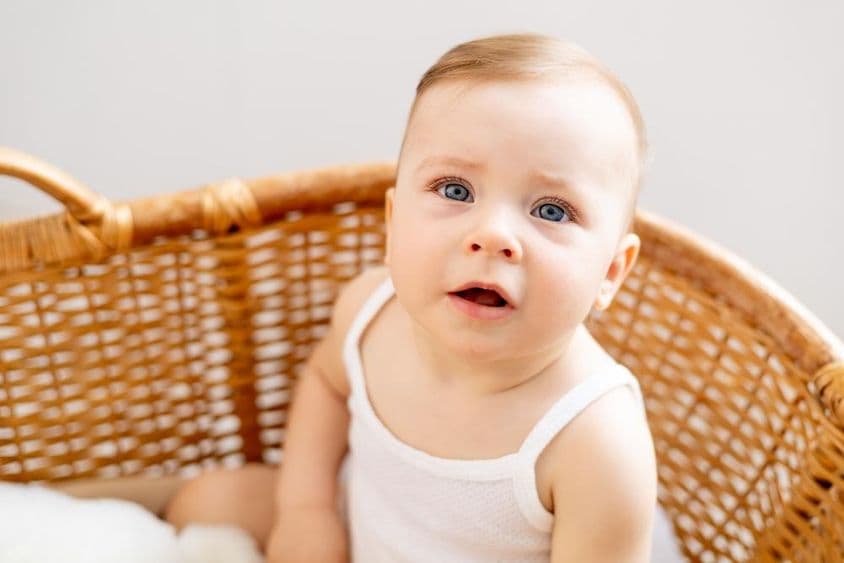 Um bebê em um berço de palha em casa.