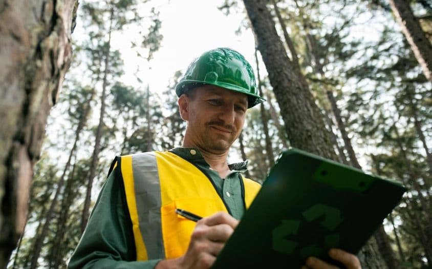 Engenheiro ambiental anotando em uma floresta.