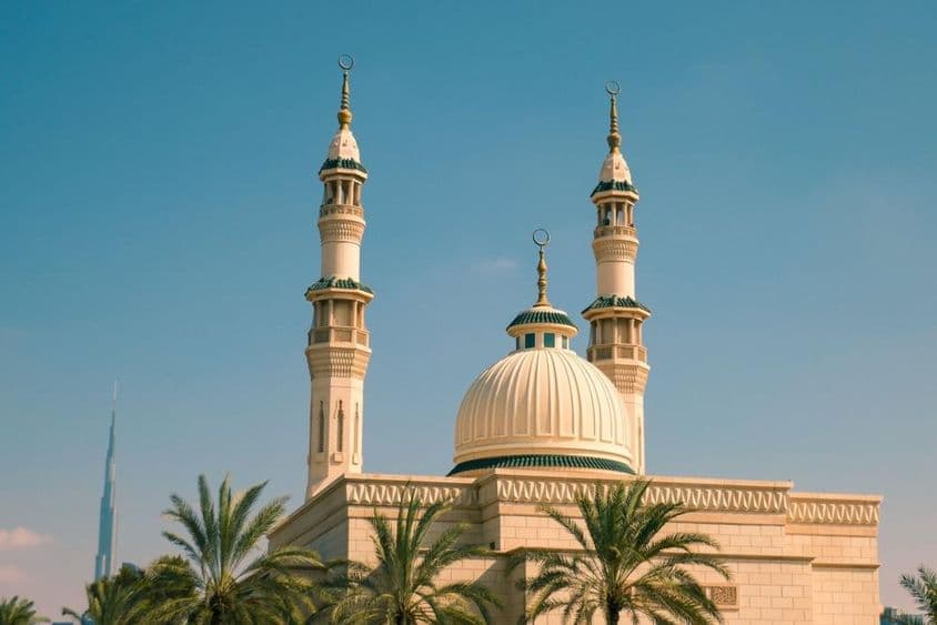 Mesquita de Jumeirah cercada por palmeiras sob a luz do sol, Dubai.