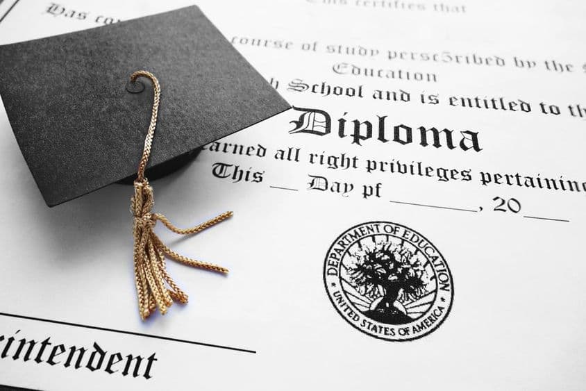 Diploma escolar e mini chapéu de formatura.