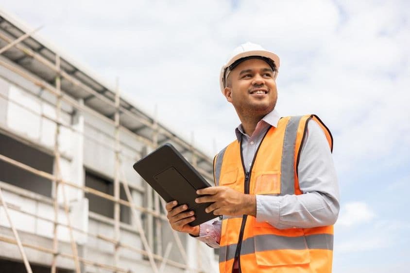 Engenheiro asiático usando tablet para verificar construção.