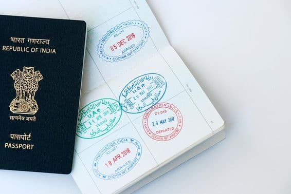 Carimbos oficiais dos Emirados Árabes Unidos e da Índia em uma página de passaporte.