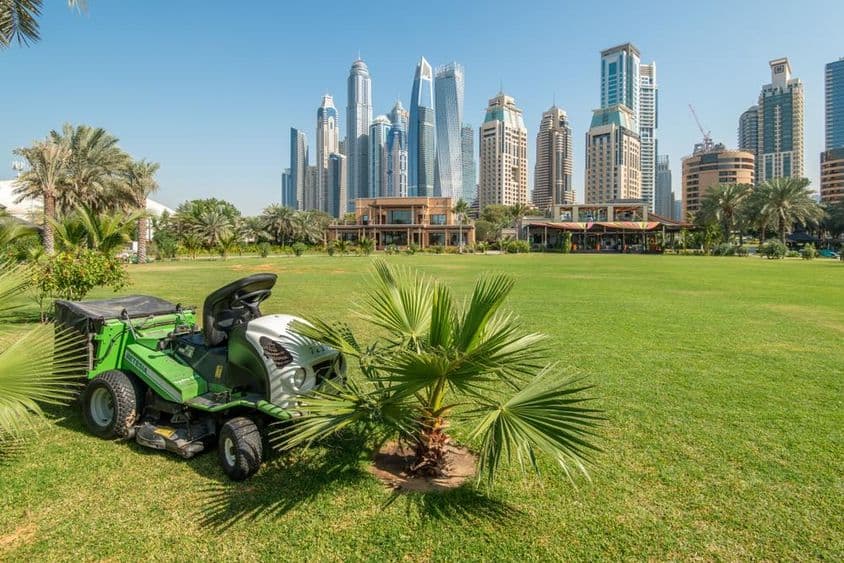 Trator cortador de grama em um campo verde em frente aos arranha-céus da Marina de Dubai.