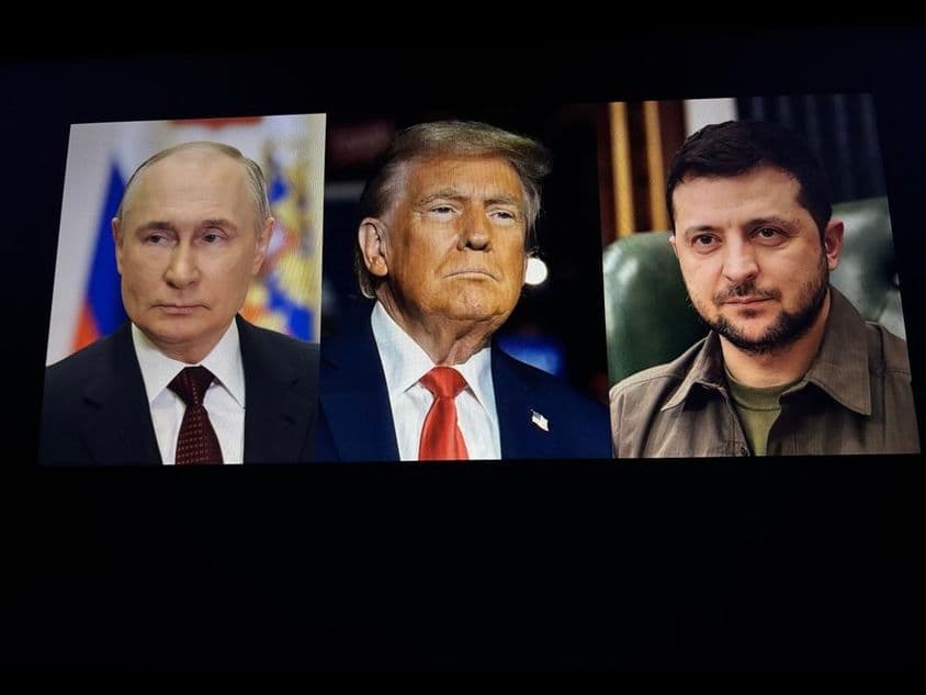 Presidente Donald Trump, Volodymyr Zelensky e Vladimir Putin juntos.
