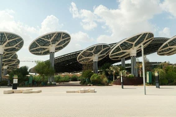 EXPO CITY DUBAI Painéis solares e estruturas altas em forma de cogumelos abertos.