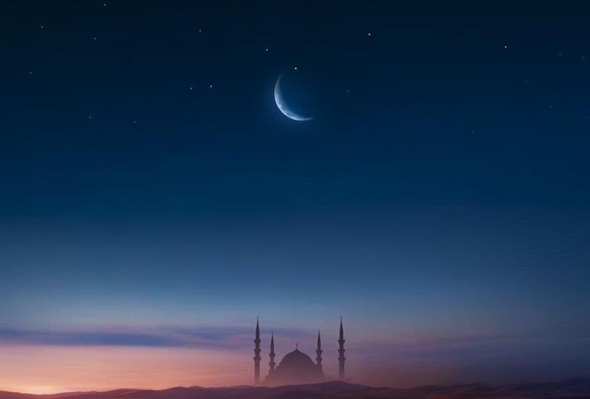Mesquita ao pôr do sol com lua no céu.