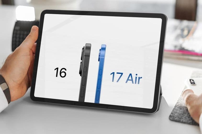 Profissional compara iPhone 16 e iPhone 17 em um tablet.