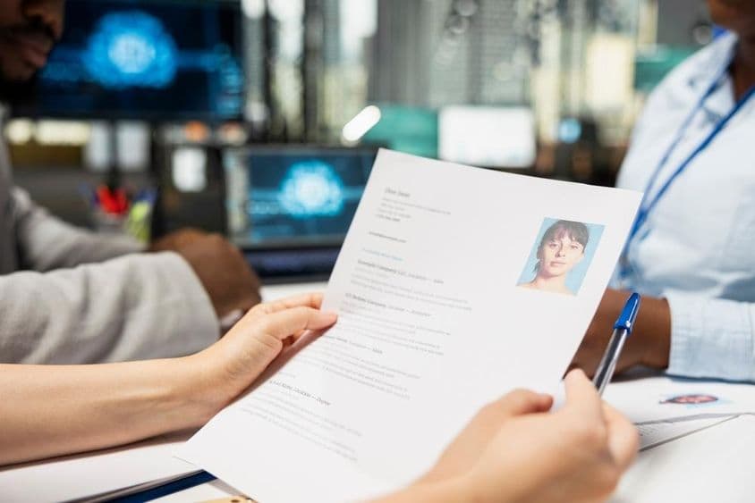Sistemas de IA filtram currículos com assistência da equipe de RH.