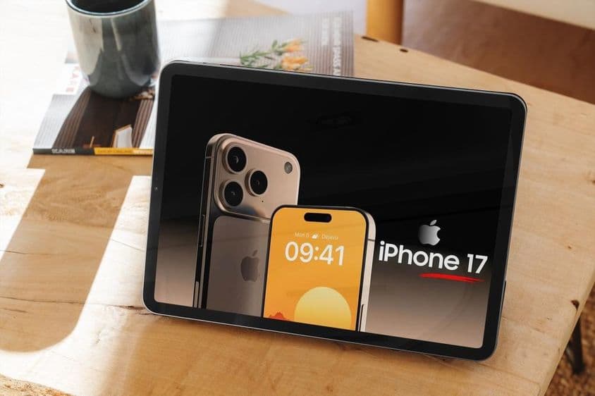 Propaganda do iPhone 17 em um tablet, colocado sobre uma mesa de madeira.