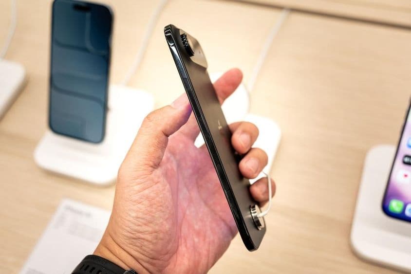 Segurando um novo iPhone 17 Air em uma loja.