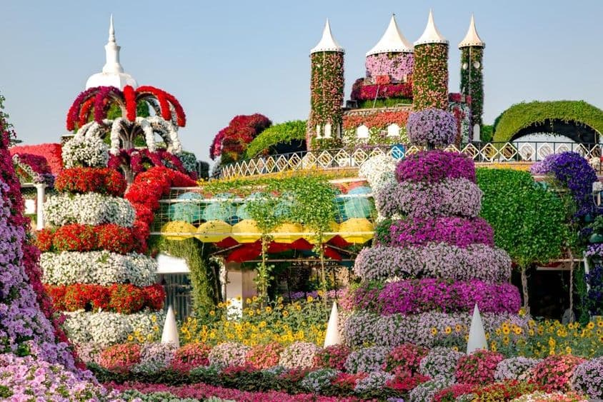 Dubai Miracle Garden com castelos de conto de fadas e mais de 45 milhões de flores.