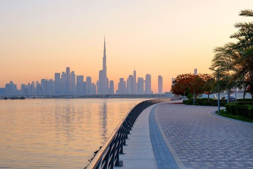 Bela orla com árvores floridas, vista do centro de Dubai.