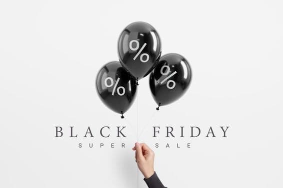 Venda da Black Friday com porcentagem em balão preto brilhante.