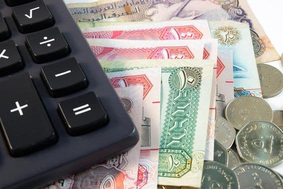 Close-up de várias notas e moedas dos Emirados Árabes Unidos.